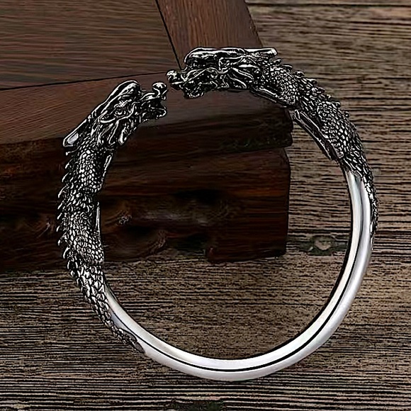 Silver Viking Wolf Head Norse Bangle Cuff Bracelet - Picture 2 of 5